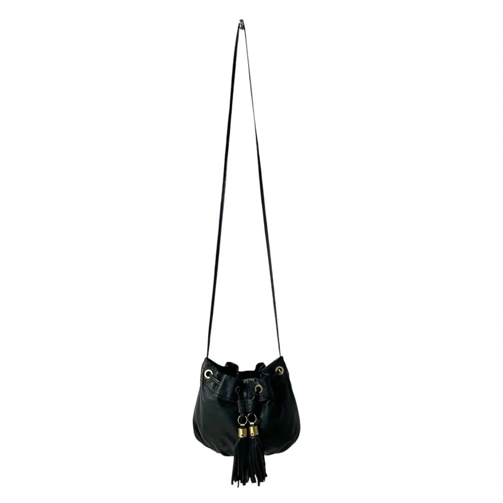 TopShop Real Leather Bucket Crossbody Bag with Tassels Grayish Black Color - Picture 3 of 8